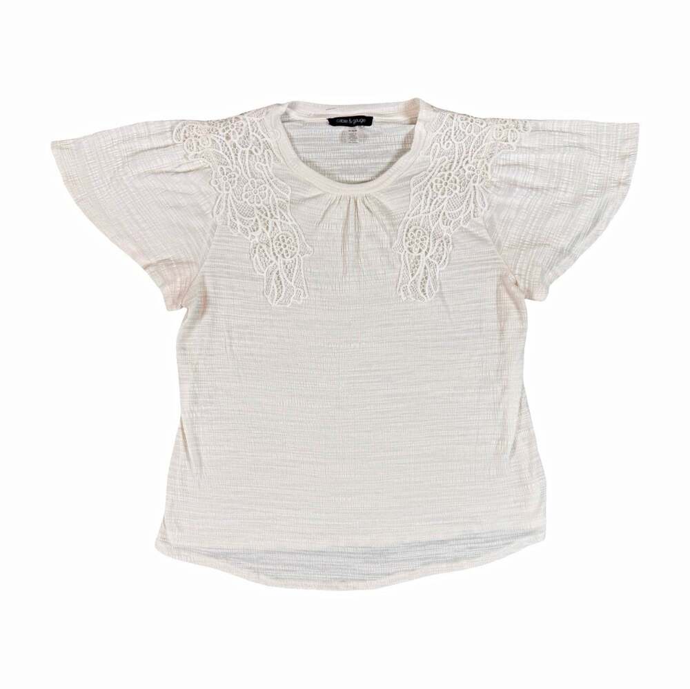 Cable & Gauge White Textured Knit Lace Accent Flutter Sleeve Top Round Neck M